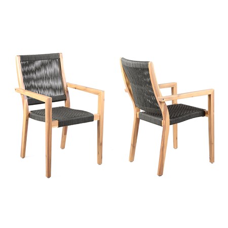 Armen Living Madsen Outdoor Eucalyptus Wood and Charcoal Rope Dining Chairs with Gray Teak Finish, PK2 LCMASICHEU